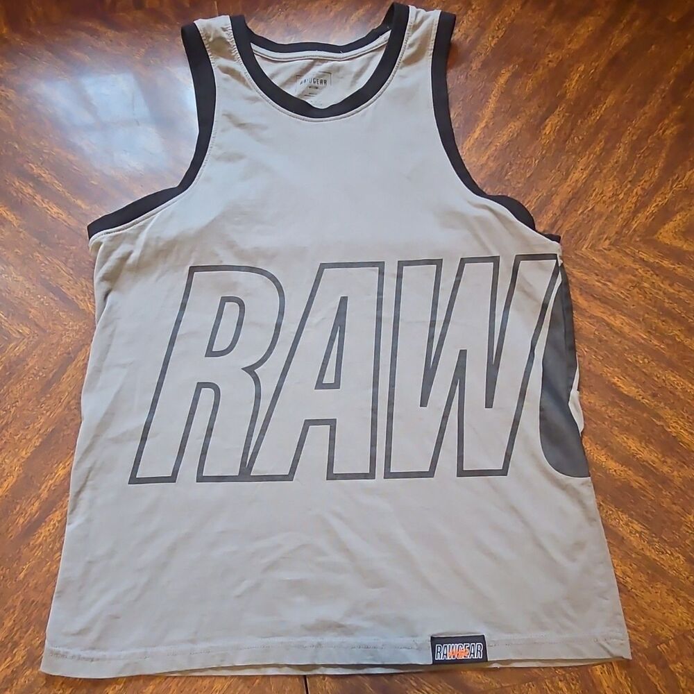 RAW GEAR Mens Tank Top Large Dark Tan Black Athletic Gym Workout Sleeveless